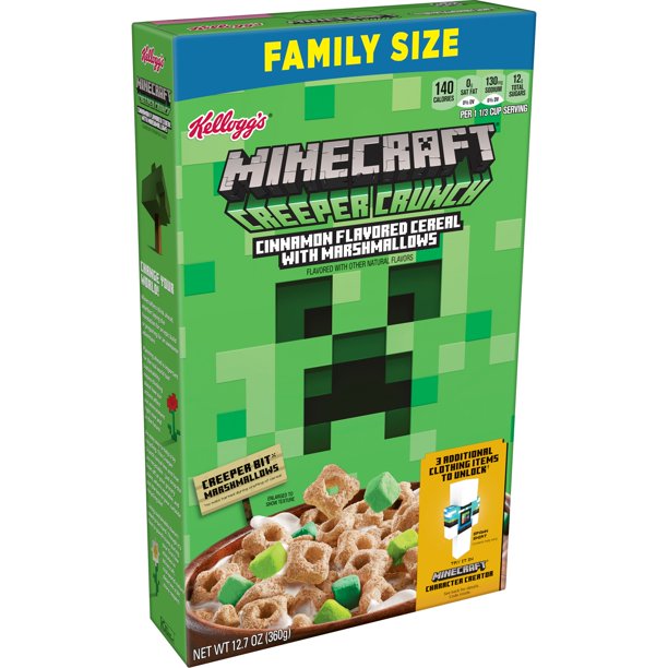 [GG-042] Kellogg's Minecraft Creeper Crunch Breakfast Cereal, 7 Vitamins and Minerals, Kids Snacks, Cinnamon with Marshmallows, 12.7oz, 1 Box